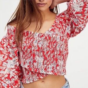 Free People East To West Smocked Top Off the Shoulder Red Floral Size Medium XL